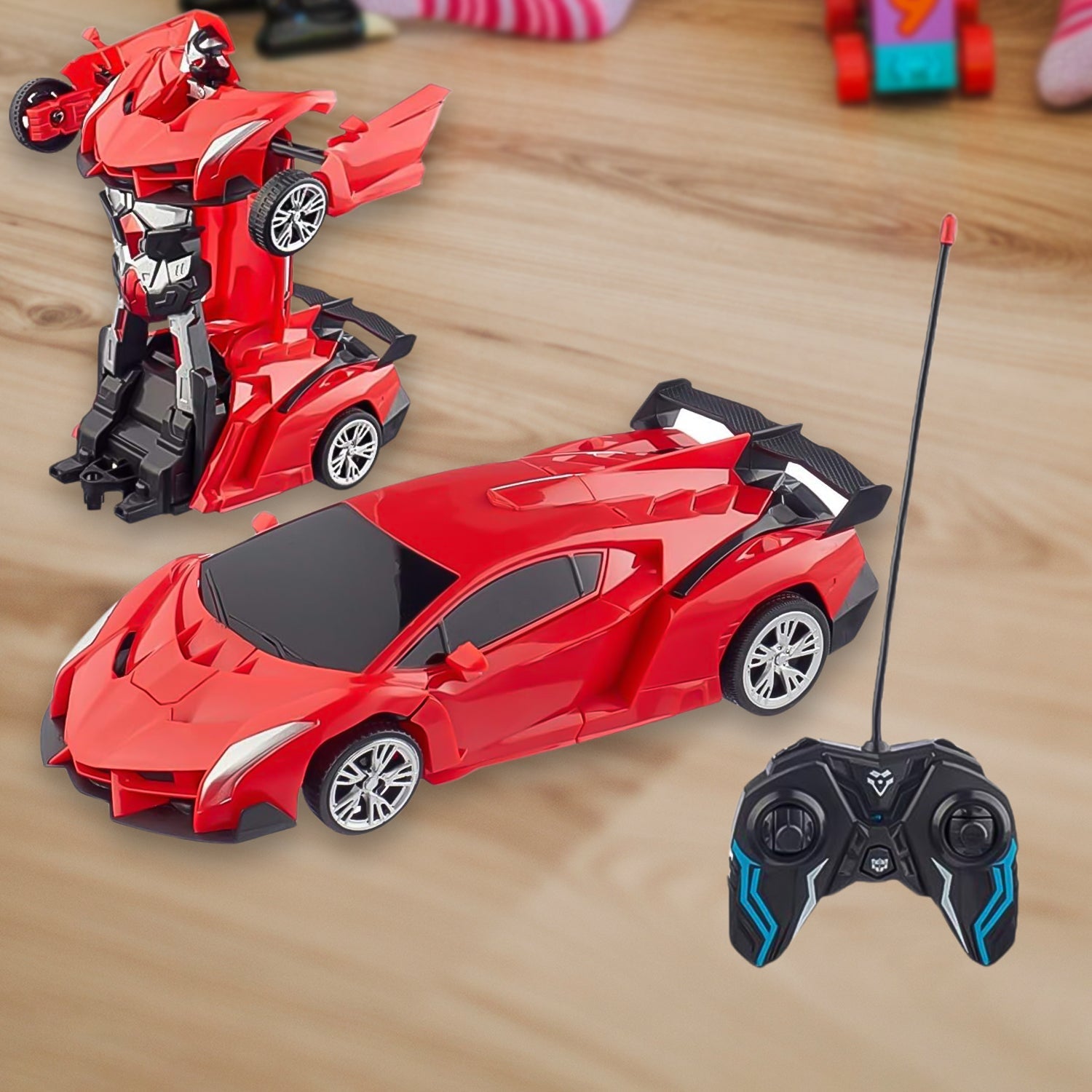 Red and blue transforming robot car toy in car mode, ready for action.