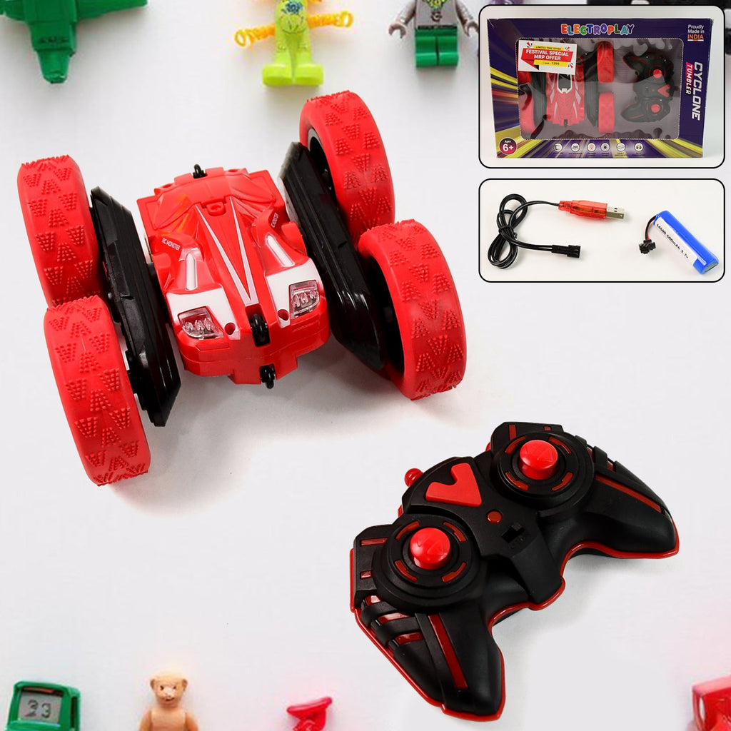 Remote control stunt car performing 360 degree flips on a flat surface