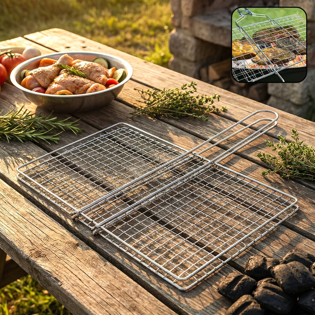 BBQ grill basket holding vegetables and meat, secure mesh design
