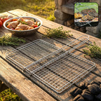BBQ grill basket holding vegetables and meat, secure mesh design