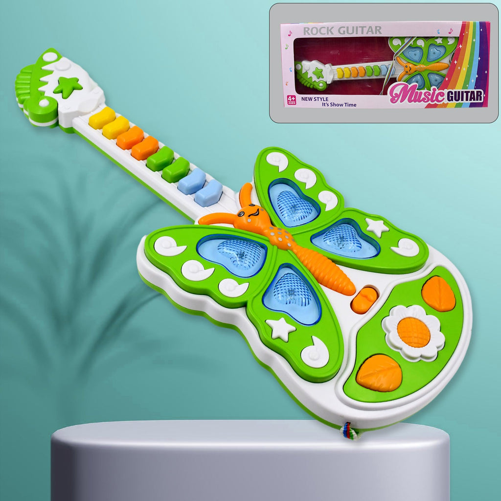 Child happily playing with the colourful butterfly musical guitar toy.