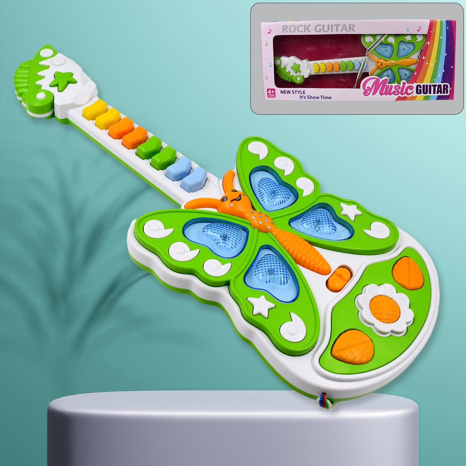 Child happily playing with the colourful butterfly musical guitar toy.