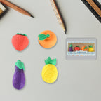 Colorful mini erasers shaped like fruits and veggies grouped together playfully.