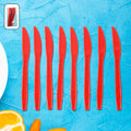 Pack of 8 durable red plastic knives with serrated edges for easy cutting