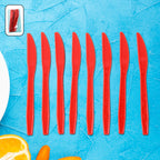 Pack of 8 durable red plastic knives with serrated edges for easy cutting