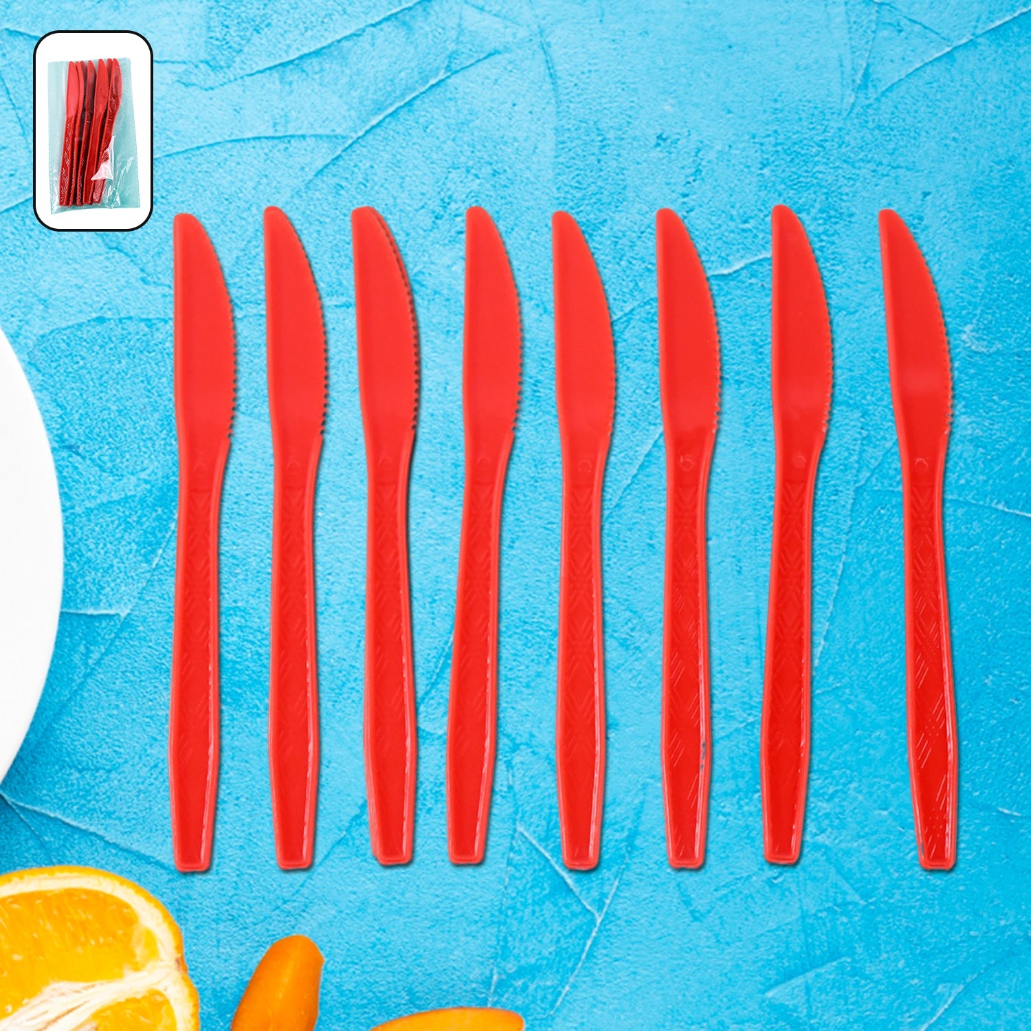 Pack of 8 durable red plastic knives with serrated edges for easy cutting