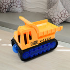 The dump truck toy for kids actively moving, with its lights glowing brightly.