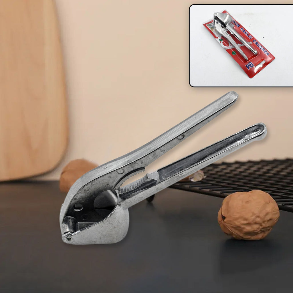 Close-up of the durable aluminum garlic press with a clean design.