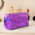 Holographic waterproof travel cosmetic pouch with shiny iridescent finish