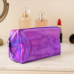 Holographic waterproof travel cosmetic pouch with shiny iridescent finish