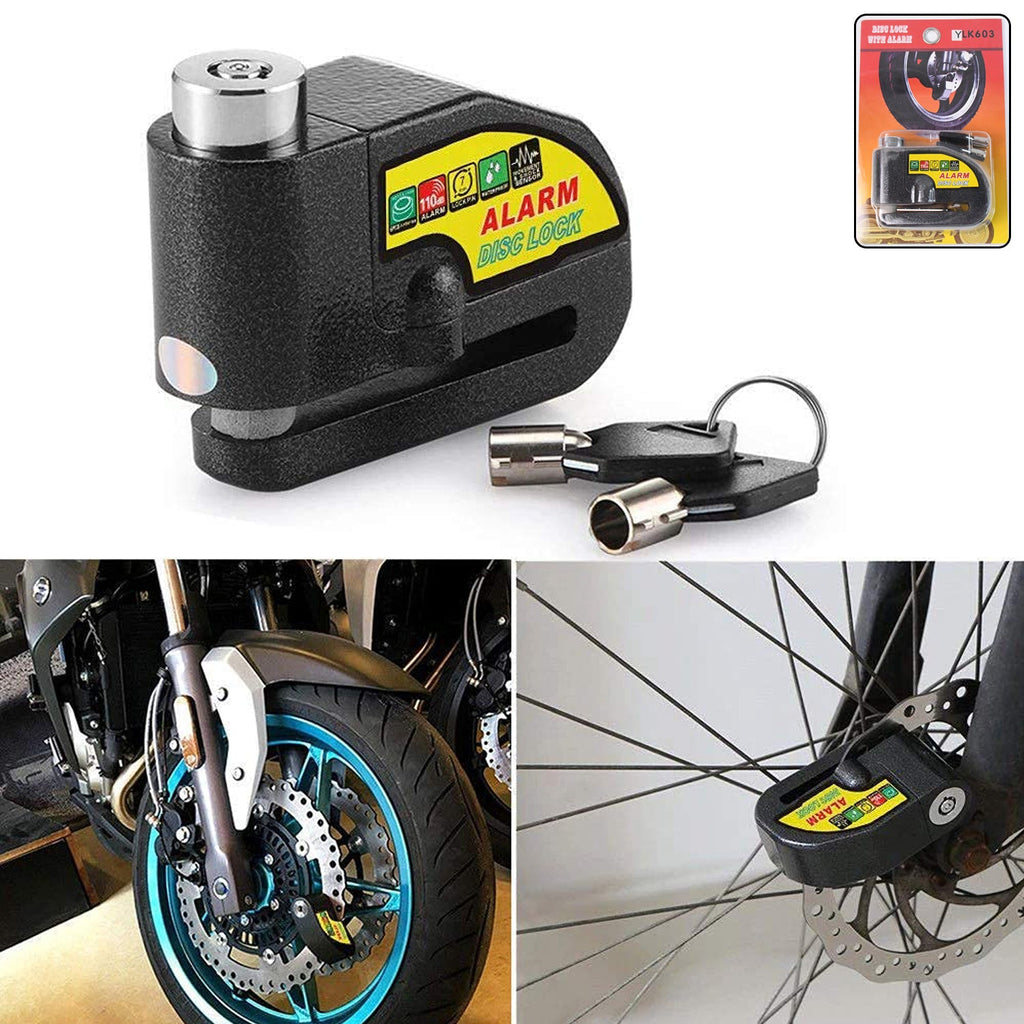 Alarm disc lock secured on a motorbike disc brake