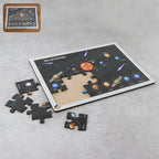 Wooden Solar System Puzzle for kids with labeled planets and space background