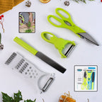 4-piece kitchen cutting set including scissors, peeler, grater, and knife