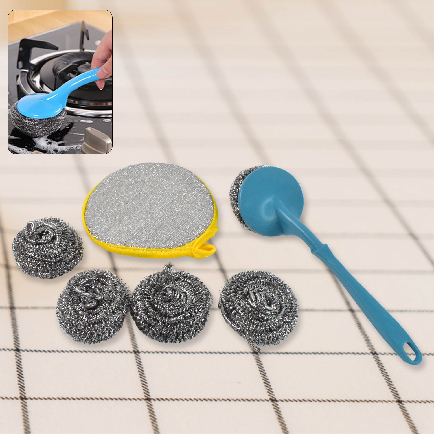 6-in-1 Kitchen Cleaning Set with stainless steel scrubber and plastic handle