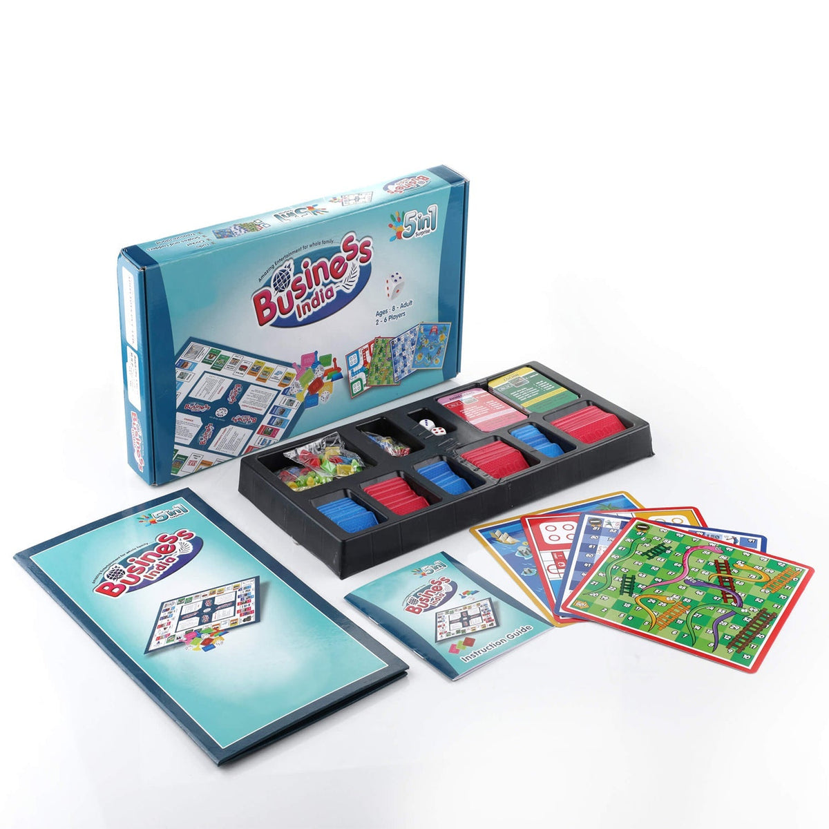 Aditi 5-in-1 Business Board Game for Kids with game board, plastic money, and game pieces.