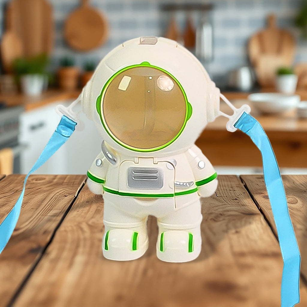 Kids astronaut water bottle with straw and shoulder strap on a white background.