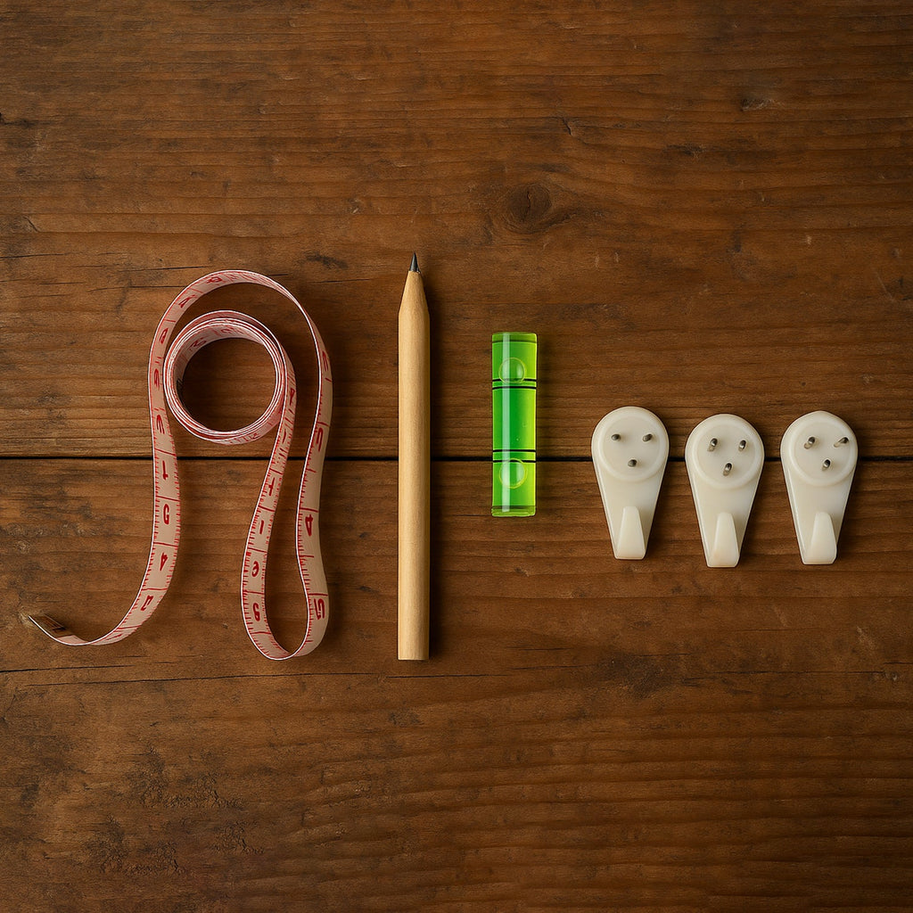 Complete 6-in-1 wall hanging measurement tool kit laid out on table