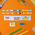 All items from the wooden stationery set for children neatly arranged.