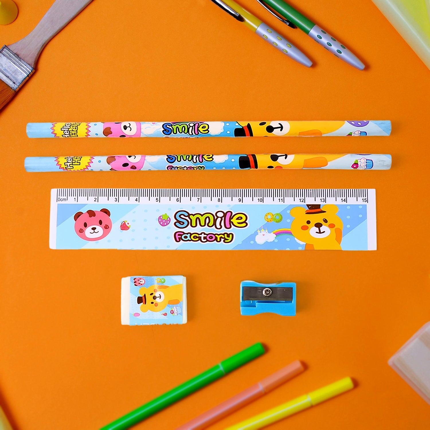 All items from the wooden stationery set for children neatly arranged.