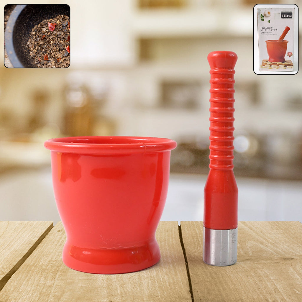 Heavy duty unbreakable plastic khal batta set with rust-proof steel base grinding spices