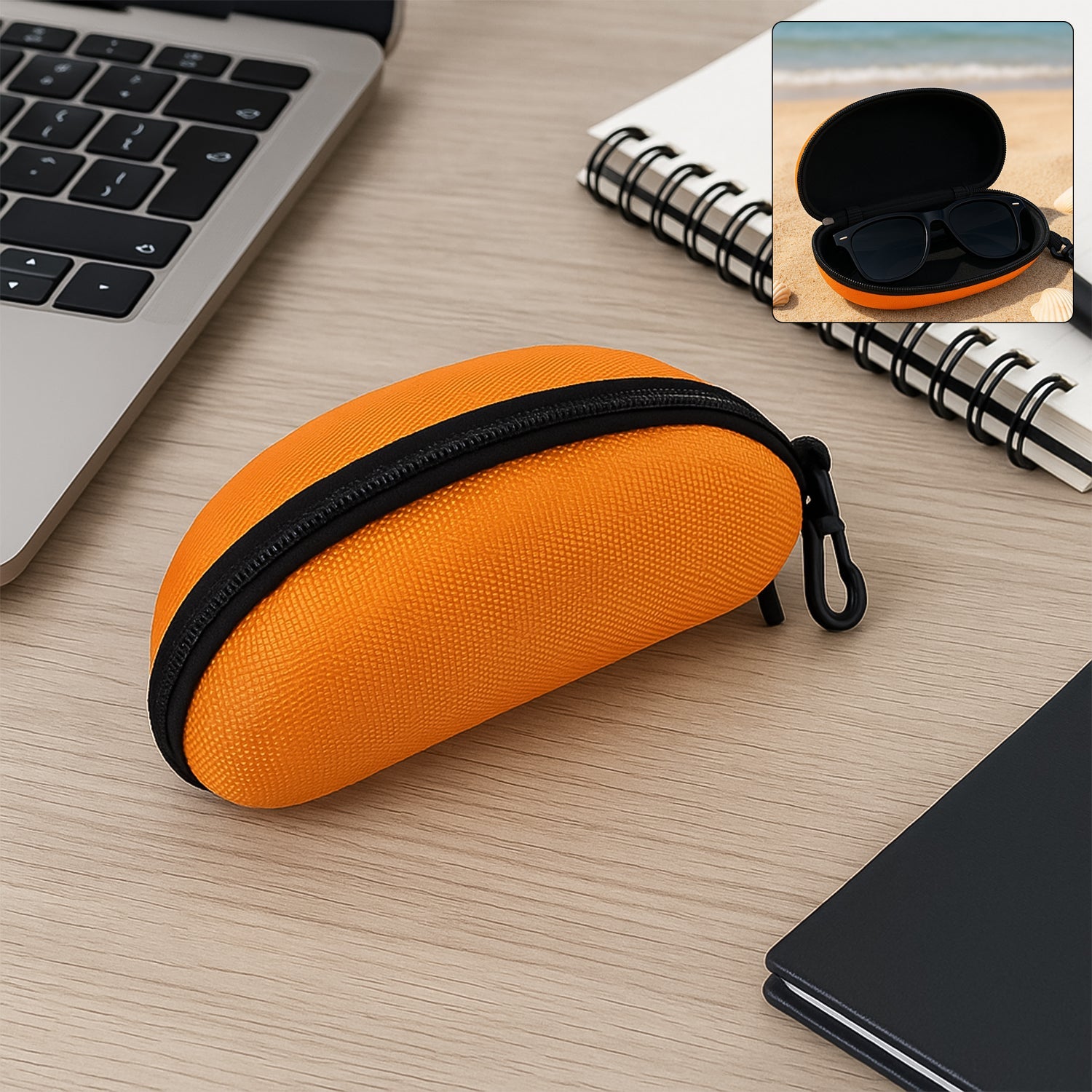 A black zipper sunglasses case displayed open, showing the soft interior lining.