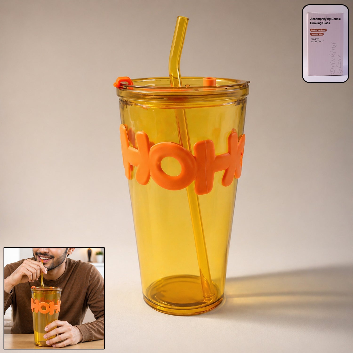 Transparent glass tumbler with lid and straw for stylish hydration