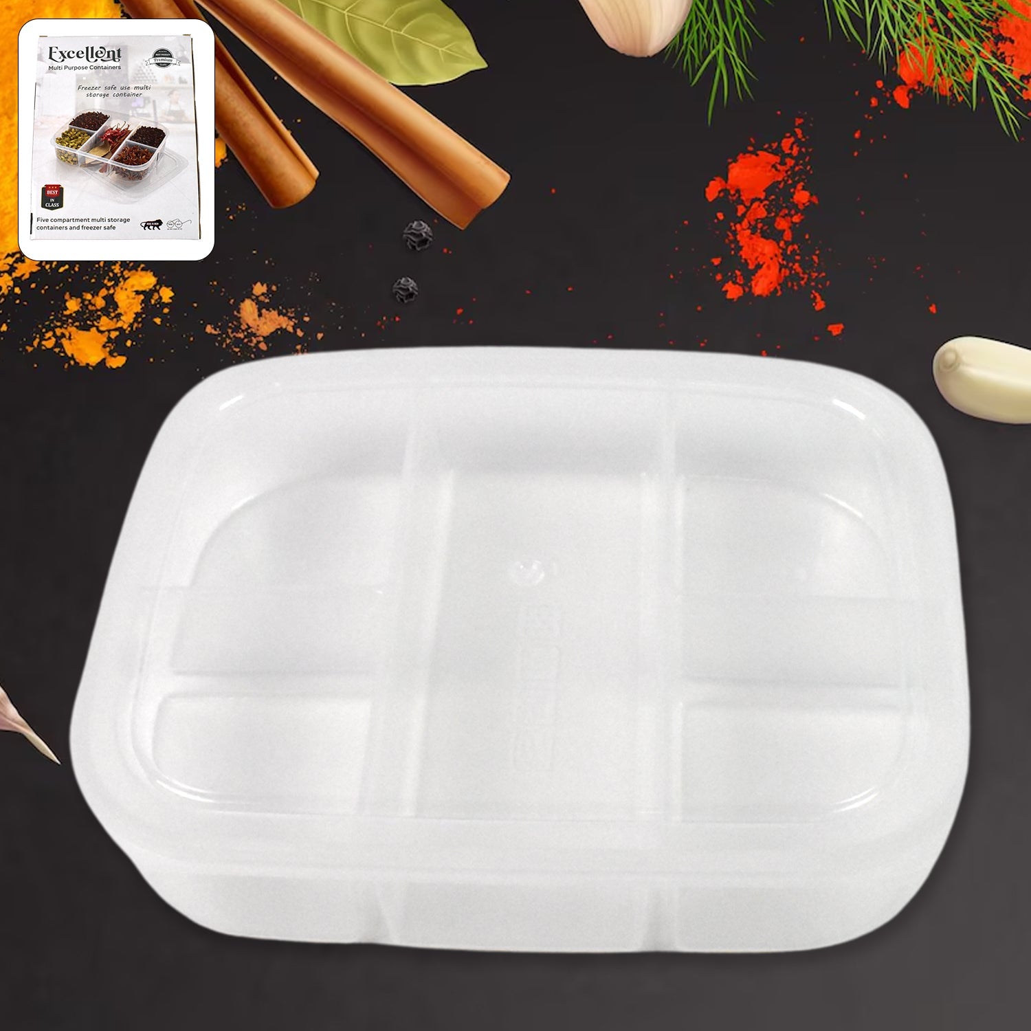Top view of the empty 5 compartment lunch box, highlighting its spacious dividers.