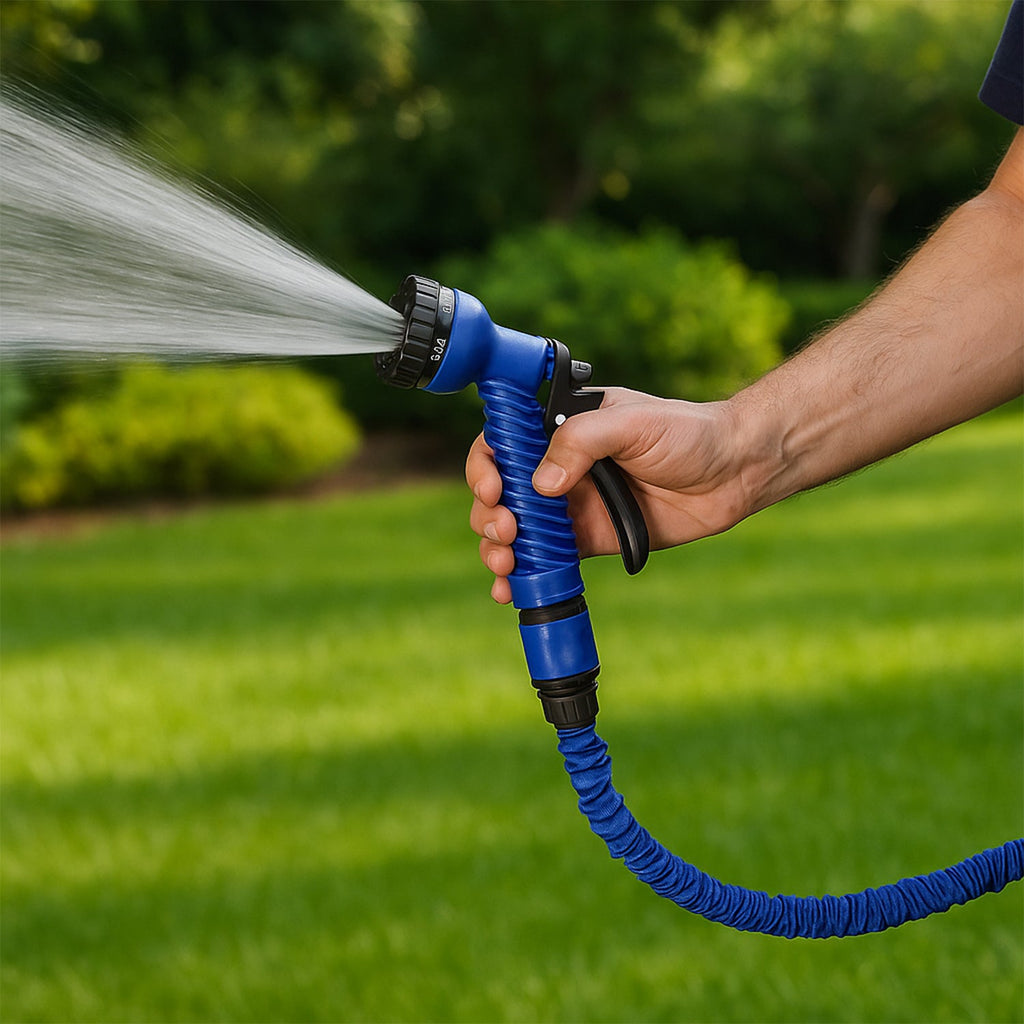 Another angle of the 50 Ft expandable hose pipe nozzle in action, watering plants.