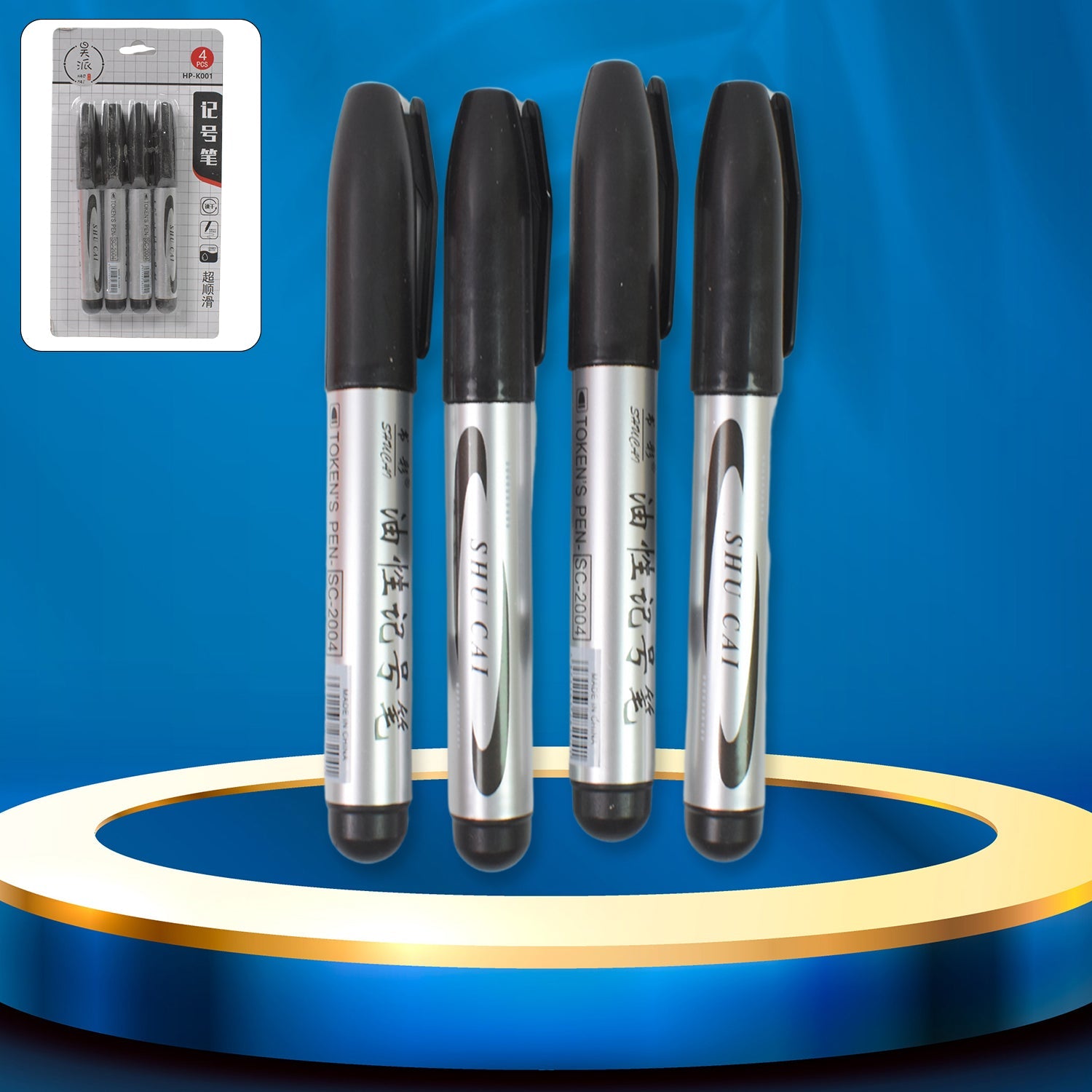 Black Marker Set of four, neatly arranged with caps on, showcasing the product.