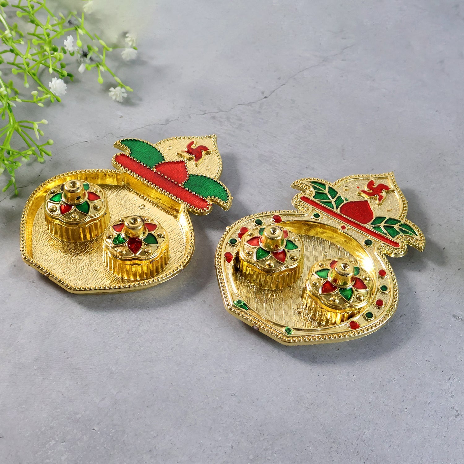Front view of multicolored Kalash kumkum box perfect for pooja and gifting