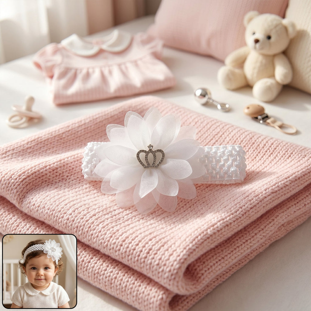 Baby girl wearing a floral crown headband, stylish hair accessory