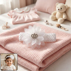 Baby girl wearing a floral crown headband, stylish hair accessory