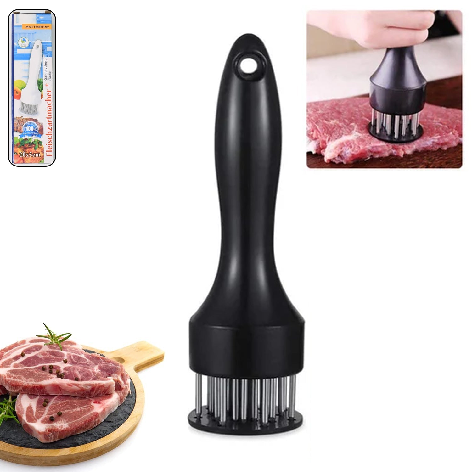 The compact and easy-to-store meat tenderizer tool for kitchen use.
