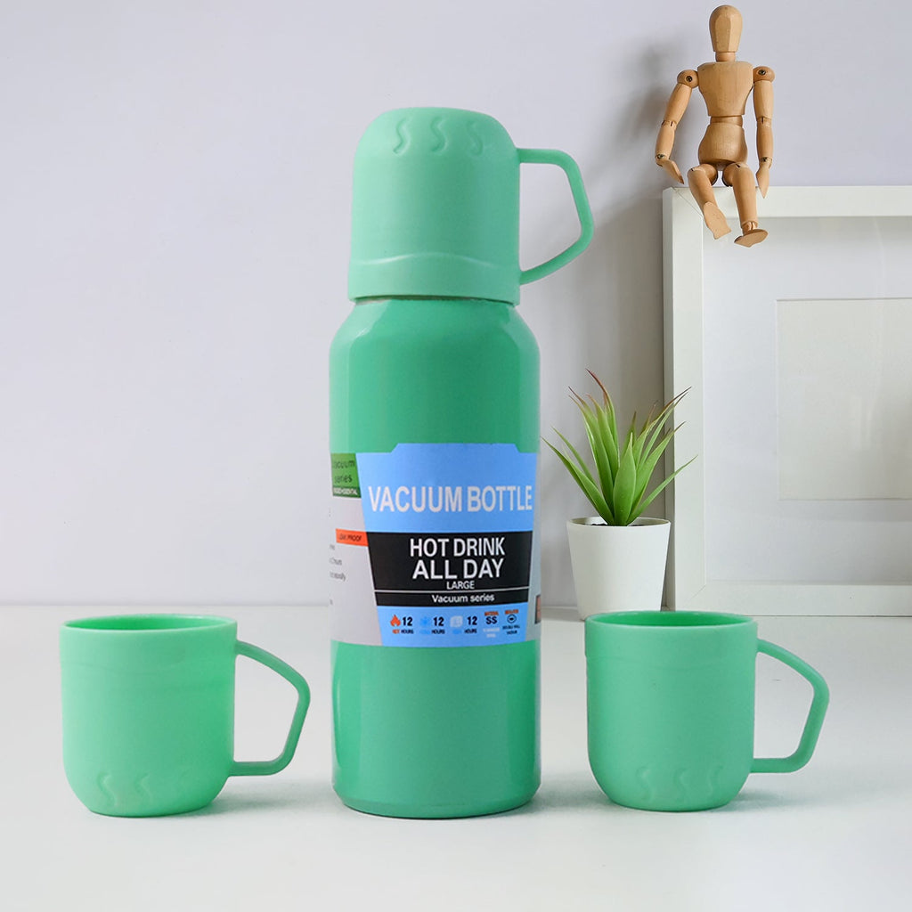 Green stainless steel vacuum flask set with 3 insulated cups for travel and daily use
