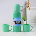 Green stainless steel vacuum flask set with 3 insulated cups for travel and daily use