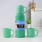Green stainless steel vacuum flask set with 3 insulated cups for travel and daily use