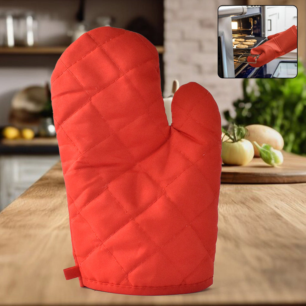 Multicolor heat resistant oven mitt with non-slip grip, front view.