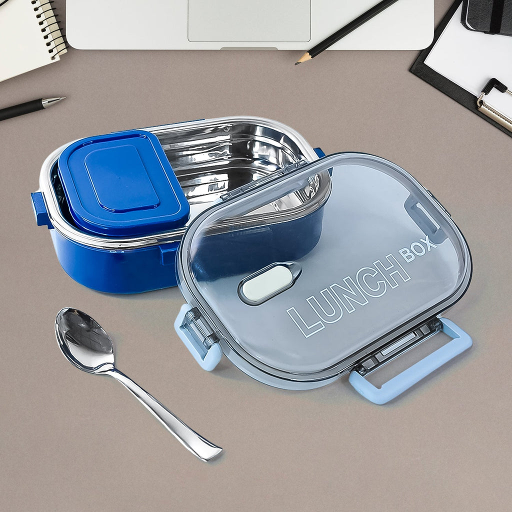Steel lunch box with airtight transparent lid and dual compartments