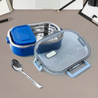 Steel lunch box with airtight transparent lid and dual compartments