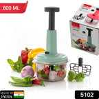 Manual food chopper featuring sharp stainless steel blades for efficient kitchen prep.