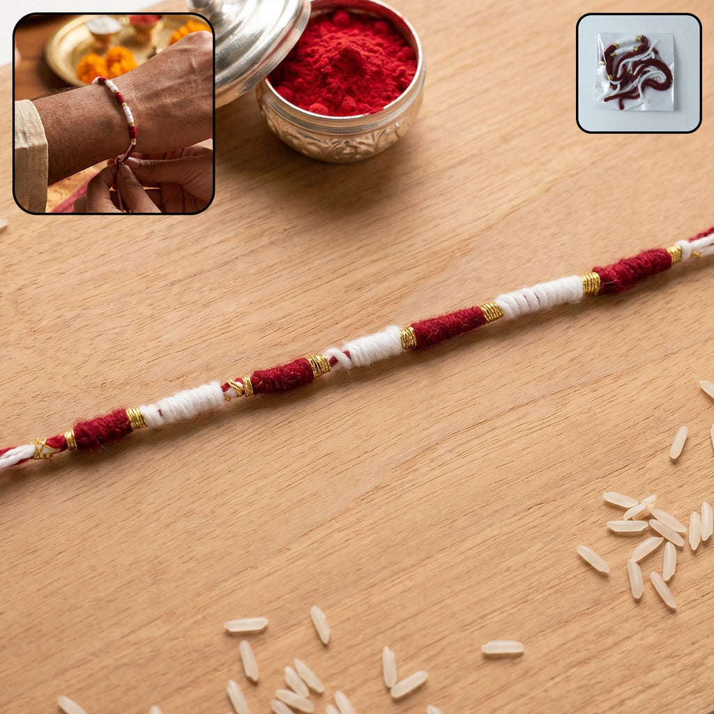 Handmade red and white thread Rakhi with pearl beads and golden accents