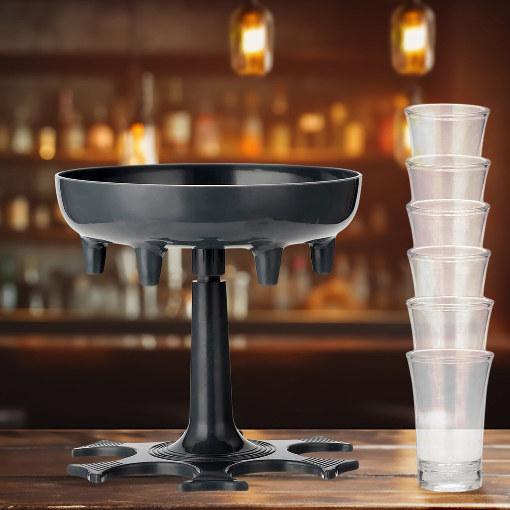Siplix 6-shot glass dispenser set with six empty glasses and tray ready for use.