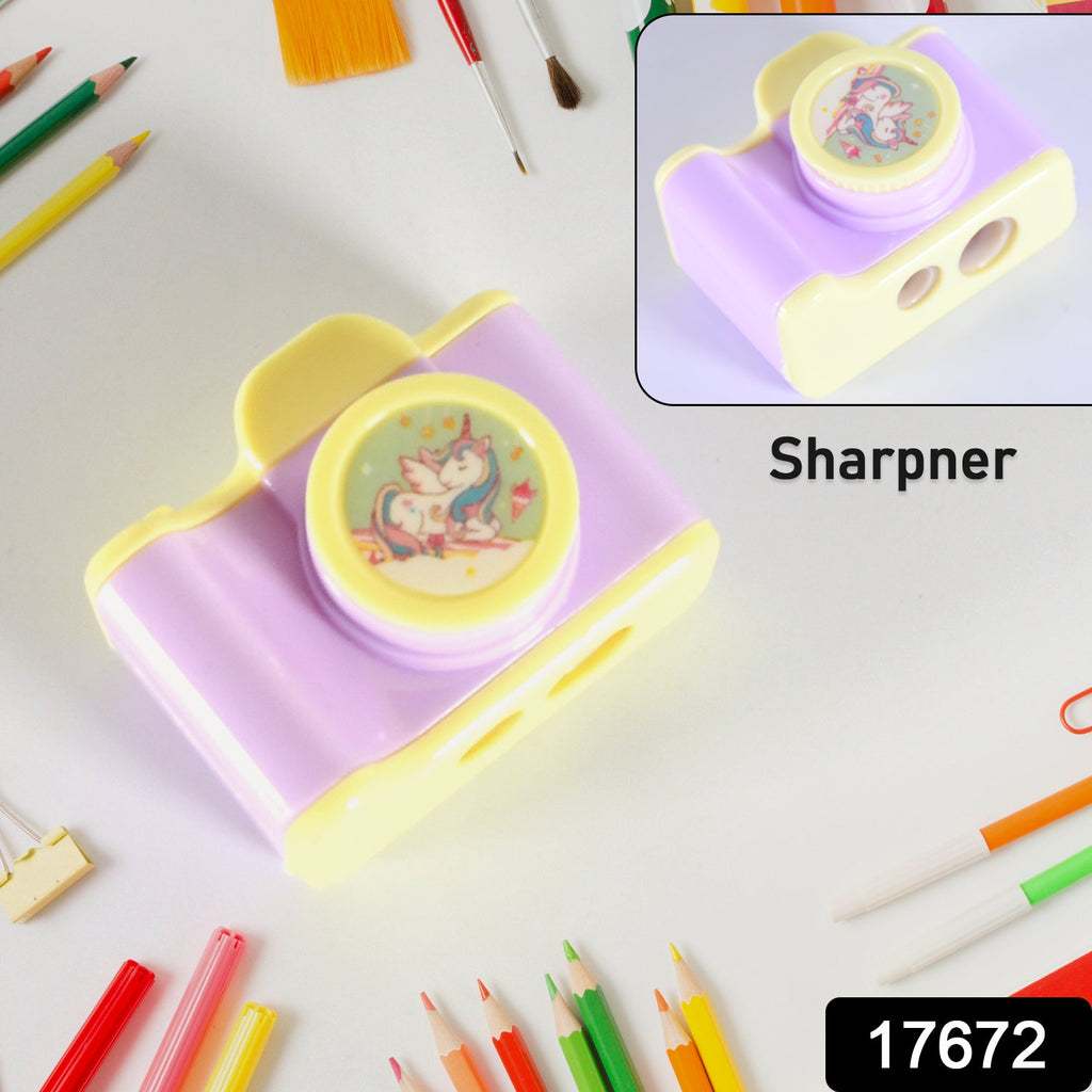 Overhead view of a vibrant camera shaped pencil sharpener, perfect for school or office.