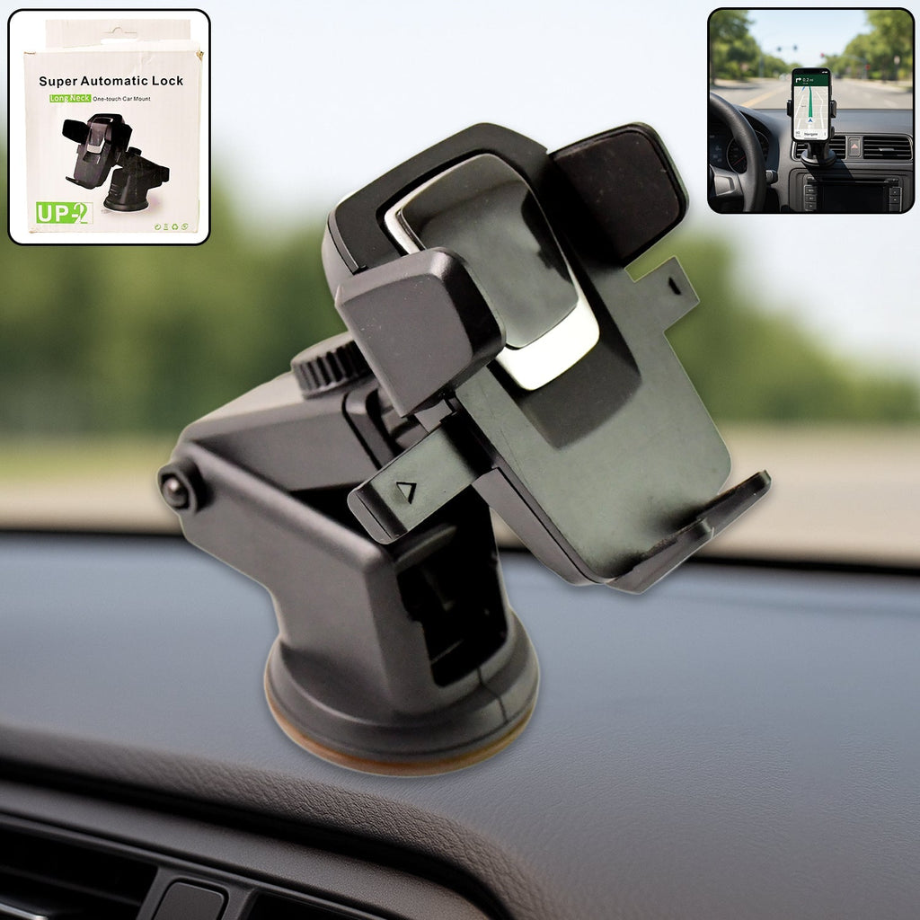 A versatile adjustable car mount with a flexible gooseneck and phone clamp.