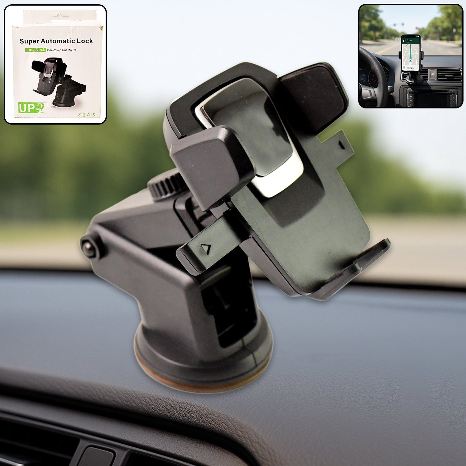A versatile adjustable car mount with a flexible gooseneck and phone clamp.