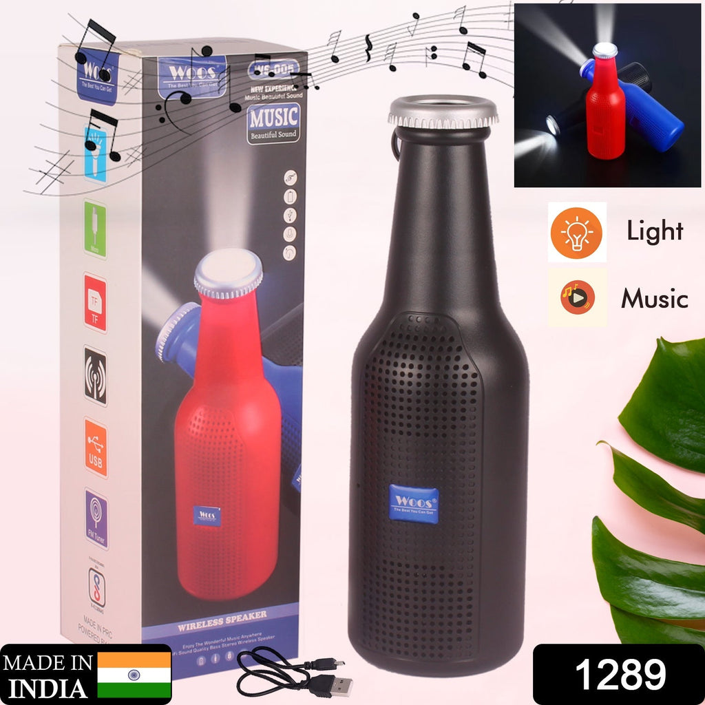 Front view of the portable Audila Bottle Bluetooth Speaker with control buttons.