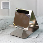 Universal stainless steel mobile and tablet stand holder front view with stable triangular design
