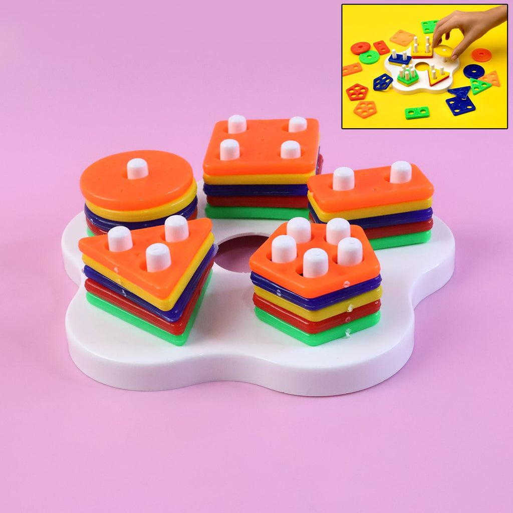 Colorful geometric stacking sorter toy featuring various shapes for toddler shape learning