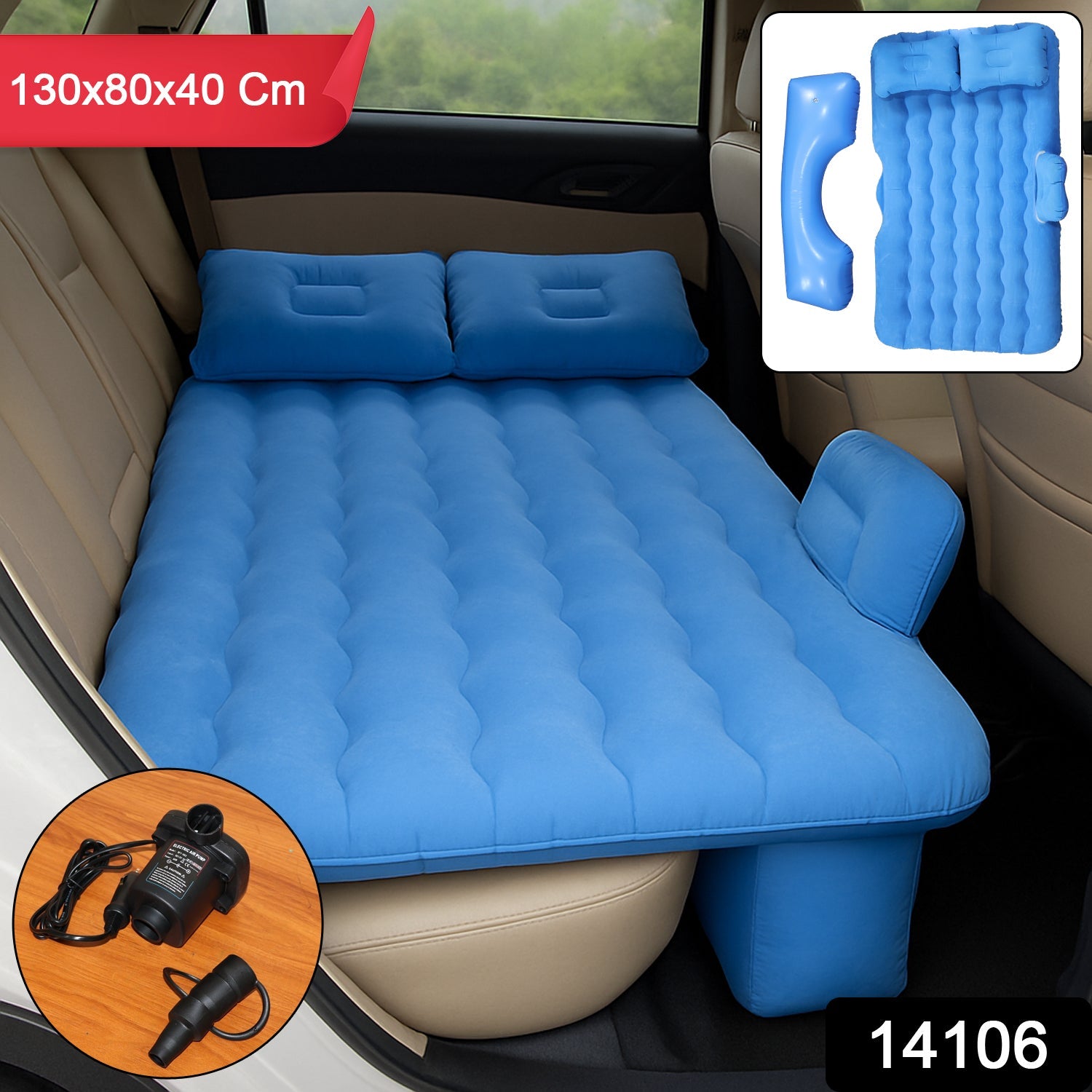 Inflatable car mattress in-use on backseat providing comfortable resting space