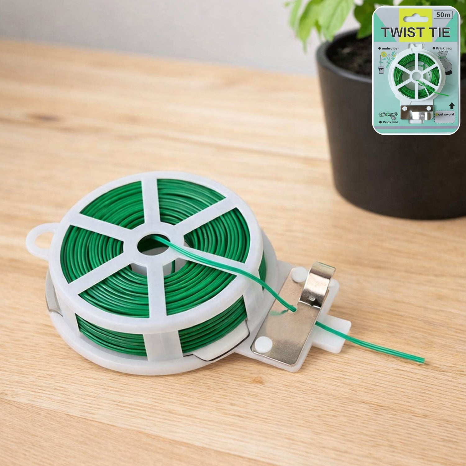 Reusable green twist tie roll used for garden plant support